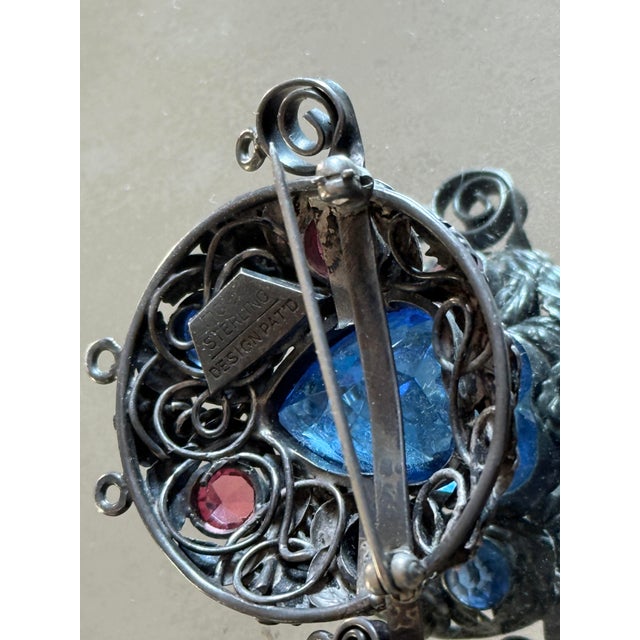 1940s Hobé Sterling Silver Floral Brooch With Pâte De Verre and Rhinestone Accents For Sale - Image 9 of 9