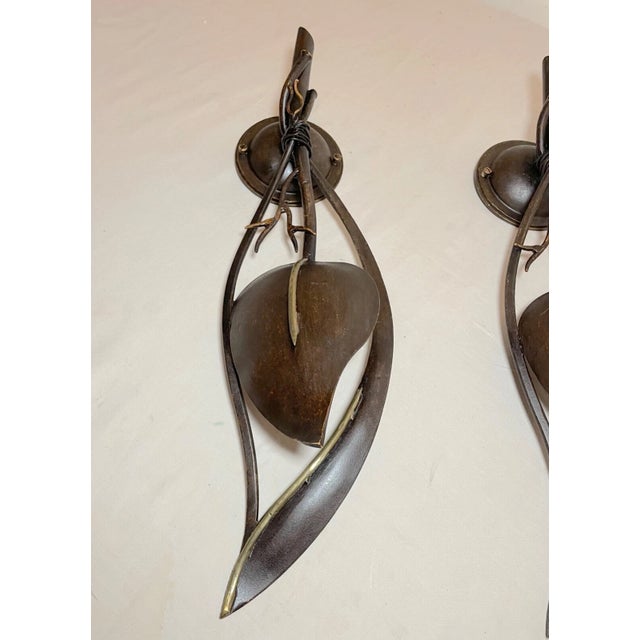 2000 - 2009 Contemporary Pair of Handmade Italian Bronze Patinated Cast Iron Leaf Wall Sconce Fixtures For Sale - Image 5 of 18