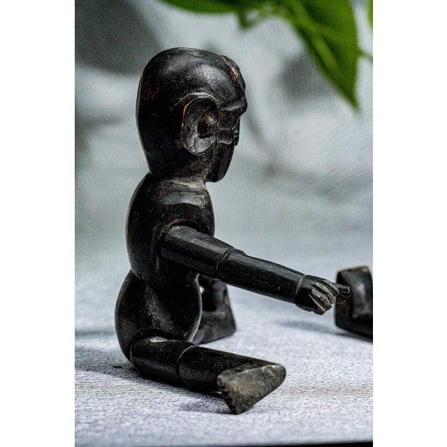 Black Amazing Pair Hand Carved Antique Wood Chinese Dolls Asian Folk Art For Sale - Image 8 of 14