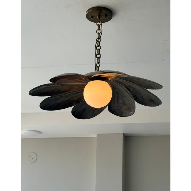 Handmade Black Antique Brass Finish Pendant Light, Floral Metal Ceiling Light, Milk Glass Globe, Vintage Home Decor For Sale - Image 10 of 13