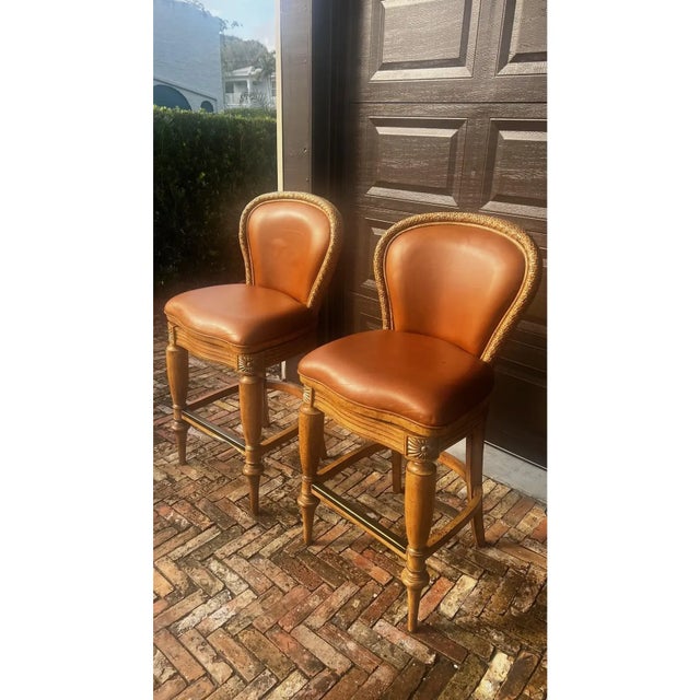 Boho Chic 2000s Tommy Bahama Swivel Leather Bar Stools- A Pair For Sale - Image 3 of 9