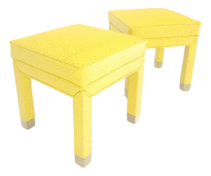 Pair of Lemon Yellow Faux Ostrich Skin Leather Square Window Hall Benches