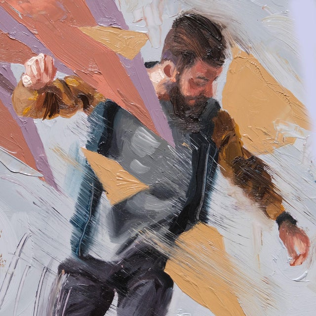 A New Rhythm 1 by Stefan Smit | Oil Painting of a man dancing among abstract shapes For Sale - Image 4 of 5