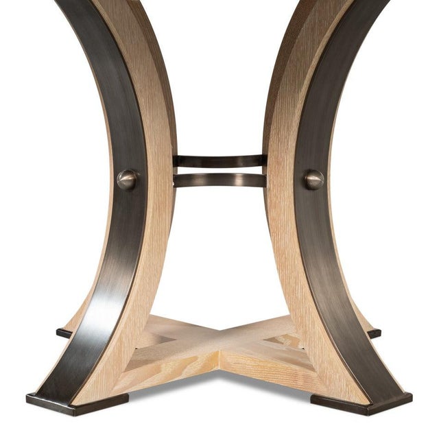 Transitional Round Dining Table, Medium – Bleached Oak With Hammered Iron Accents For Sale - Image 10 of 11