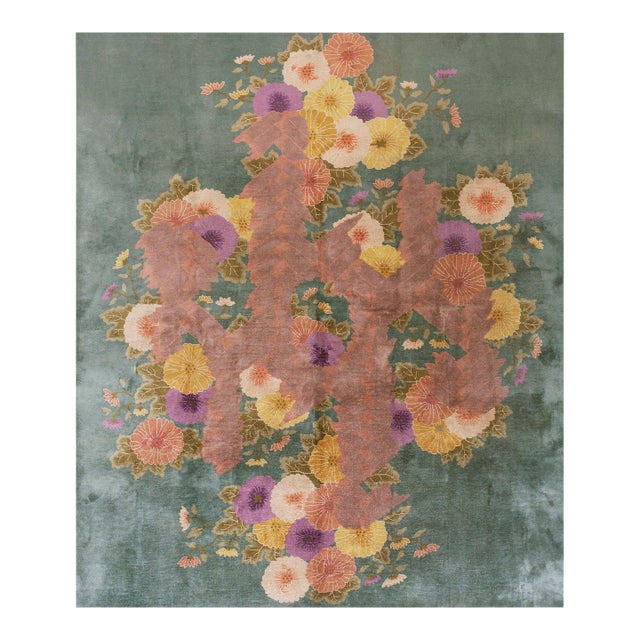 1920s Green Floral Modern Antique Chinese Art Deco Rug by Nichols Workshop 7'10''x9'2'' Wool Carpet For Sale