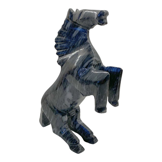 Vintage Carved Black Marble Rearing Horse Sculpture For Sale