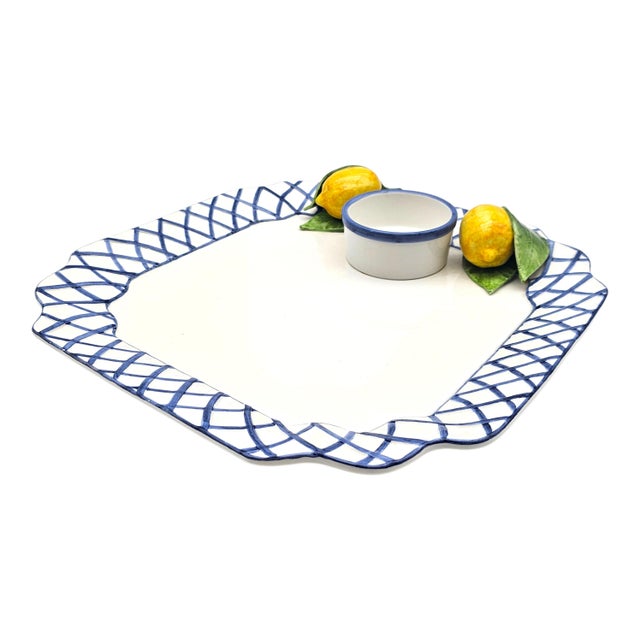Italian Lemon Ceramic Serving Tray With Blue Lattice Rim 15" For Sale - Image 13 of 14