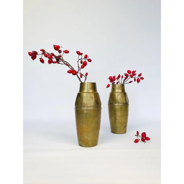 Metal German Art Nouveau Wrought & Hammered Brass Vases from WMF, 1920s, Set of 2 For Sale - Image 7 of 11