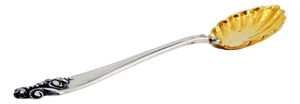 Silver Fruit Spoon with Golden Shell and Handle with Grooves and Reliefs