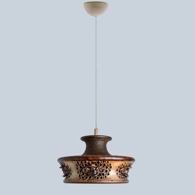 Flat Brown Beige Ceramic Pendant Light, Denmark, 1970s For Sale - Image 4 of 13
