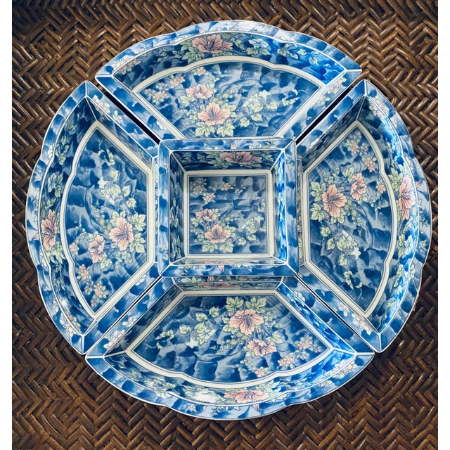 A beautiful and practical lazy Susan Japanese style set blue and white with pink flowers porcelain. Andrea by Sadek Great...
