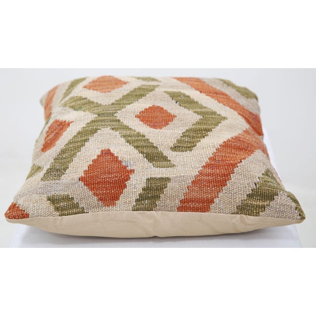 Tribal Arteverk Handwoven Afghan Kilim Pillow — Beige & Green Diamond Lattice For Sale - Image 3 of 3