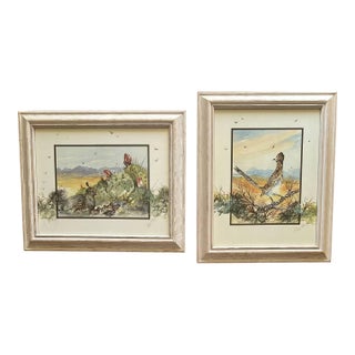 2002 Andre Blanche the Hunter Family Watercolor Paintings Signed Framed Original Set of Two Pair For Sale