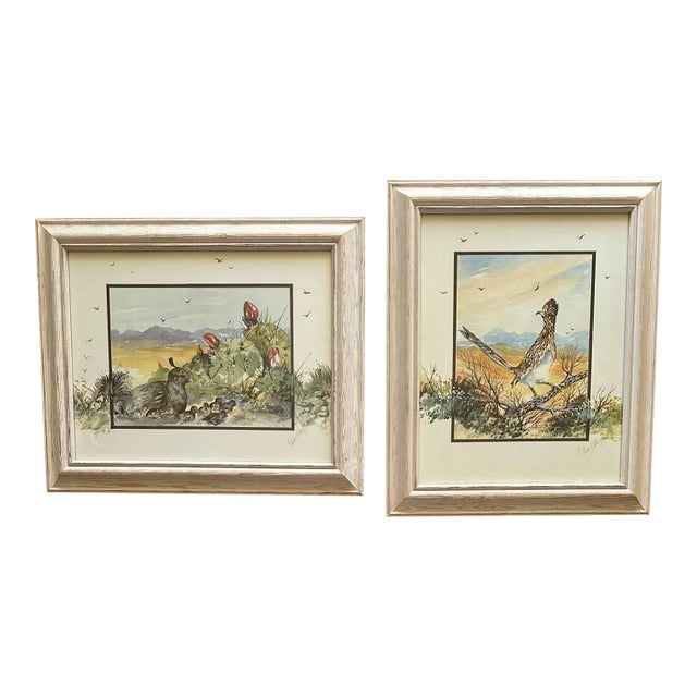 2002 Andre Blanche the Hunter Family Watercolor Paintings Signed Framed Original Set of Two Pair For Sale