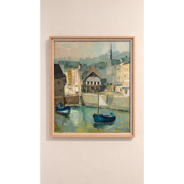 Mid 20th Century Vintage French Harbor Painting in a Light Wood Frame, Signed For Sale - Image 5 of 10