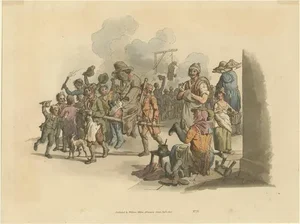 William Pyne, Mock Procession of Guy Fawkes, 1805, Hand-Colored Aquatint
