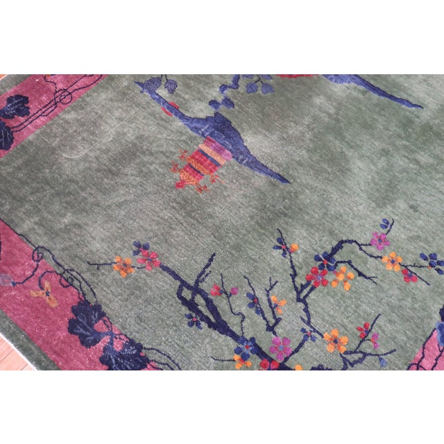 Pink Green Antique Chinese Art Deco Foyer Size Carpet For Sale - Image 9 of 18