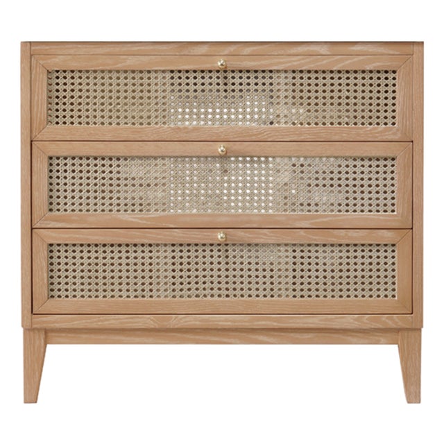 Matthew Izzo Home Wynn Cerused Oak Single Porcelain Sink Bath Vanity With Carrara Marble Top, 3 Caned Drawers and Brass Knobs For Sale