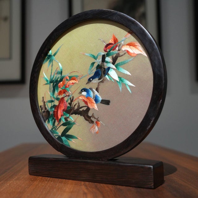 Double-Sided Handcrafted Silk Feng Shui Embroidery Spring Bird Flower Artwork For Sale - Image 4 of 5