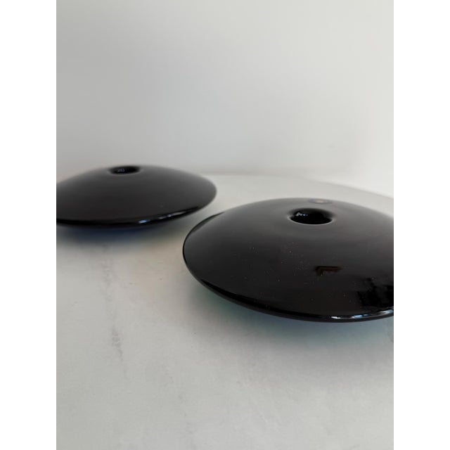 Mid-Century Modern Pair of Royal Copenhagen Per Lütken Dark Green Glass Disk Candlesticks – Danish Modern – Original Boxes For Sale - Image 3 of 9