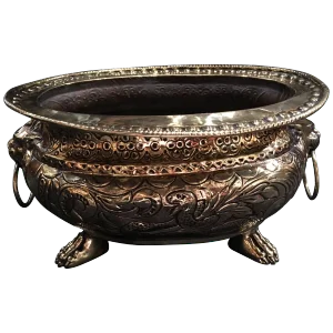 French Polished Brass Lion Head Ring Handle Jardiniere Claw Feet, 19th Century