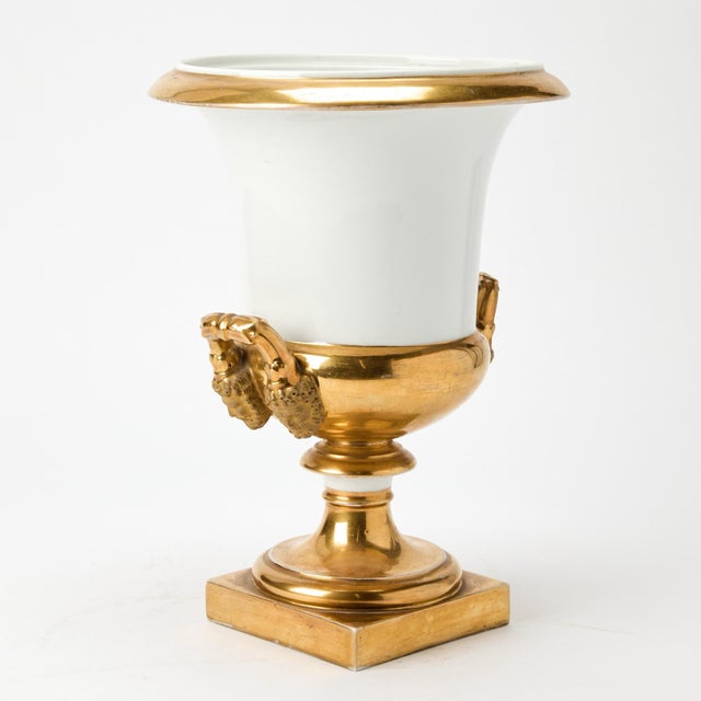 French Monumental Antique French Empire 19th Century Paris Porcelain Urns or Vases in White & Gold - A Pair For Sale - Image 3 of 5