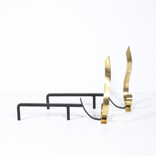 Pair of Mid-Century Curvilinear Polished Brass Andirons With Gunmetal Fittings For Sale - Image 11 of 11