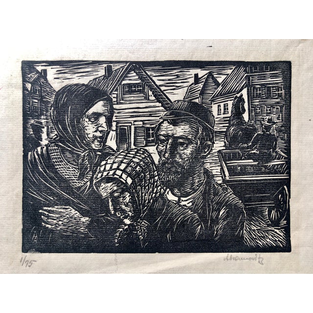 Albert Abramovitz, Jewish Shtetl Couple Judaica Woodblock c.1930s WPA Woodcut Print Hand Signed, C.1935-1943 For Sale