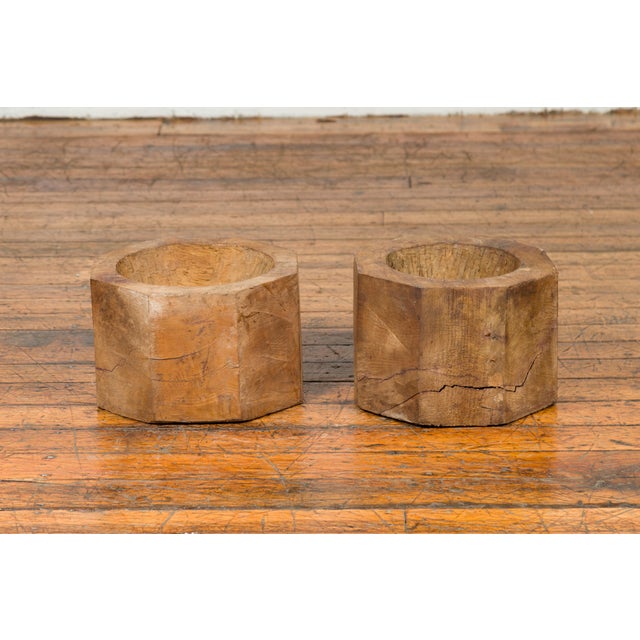 Wood Antique Indonesian Rustic Octagonal Wooden Planter Made from Tree Trunks For Sale - Image 7 of 9