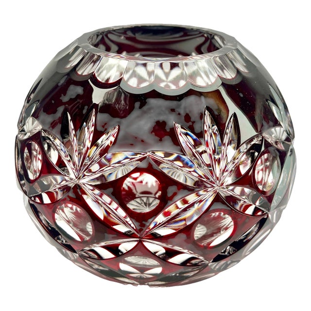 Bohemian Globe Vase in Ruby-Red Cut-to-Clear Collard Crystal with Geometric Decoration, 1950 For Sale