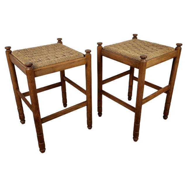 Set of Mid-Century Italian Carved Wood and Cord Stools, 1960s For Sale