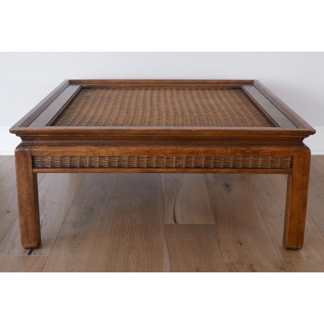 Stunning and rare vintage square coffee table from the 1950s with a very striking Chinese pagoda design. Beautiful rattan...