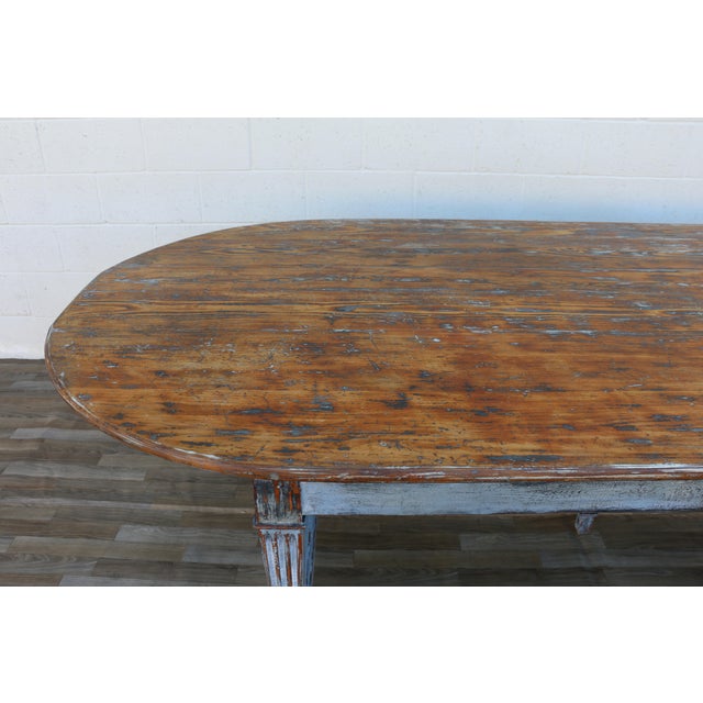 Antique 1920s French Provincial Large Oval Pine Dining Table With Distressed Painted Base For Sale - Image 4 of 18