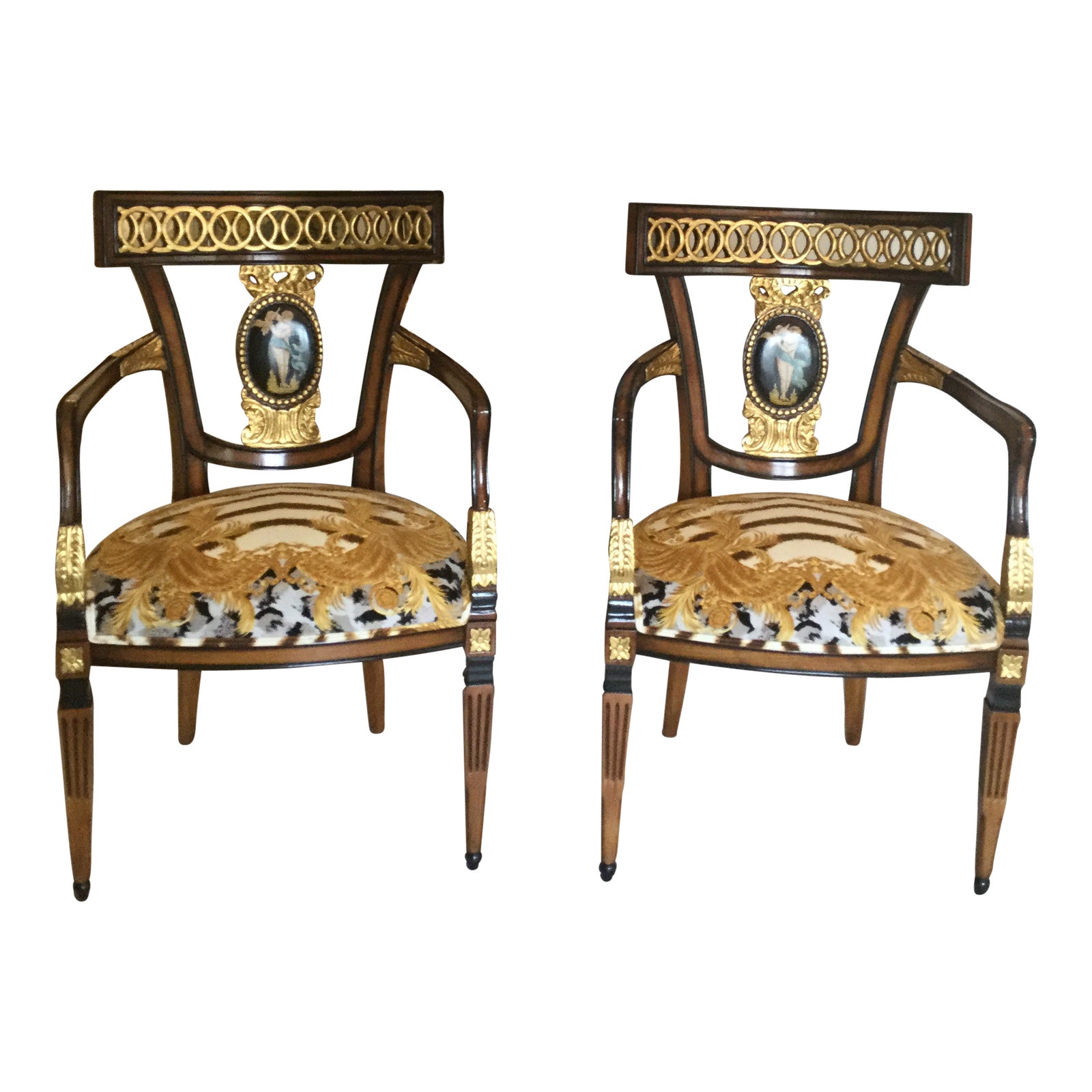 Gianni Versace Zhara Printed Upholstery Hand Painted Chairs a Pair