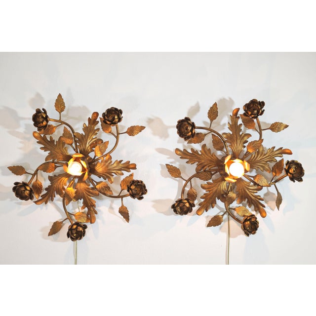 Hollywood Regency Gilded Metal Wall Lamps, Italy, 1960s, Set of 2 For Sale - Image 10 of 17