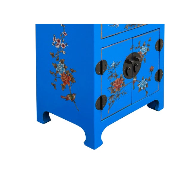 Chinese Bright Blue Vinyl Moon Face Flower Birds End Table Nightstand For Sale - Image 11 of 11