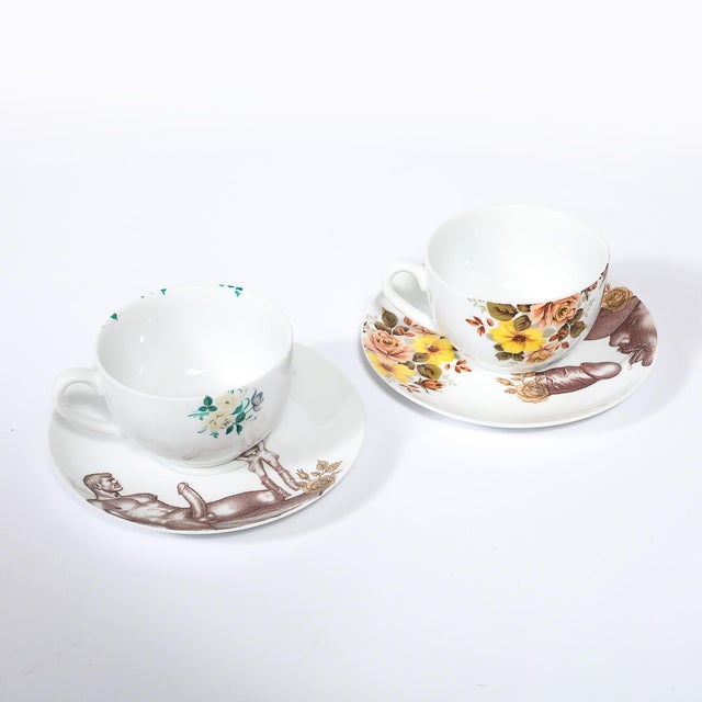 Modern Porcelain Erotic Coffee/Tea Set of Six Cups & Saucers After Tom of Finland For Sale - Image 3 of 7