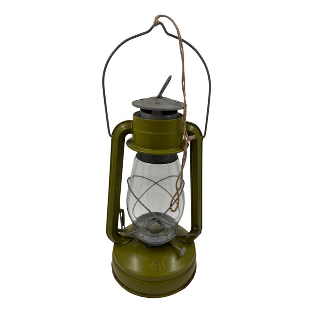 Kerosene Storm Lamp in Green Lacquered Metal and Glass For Sale
