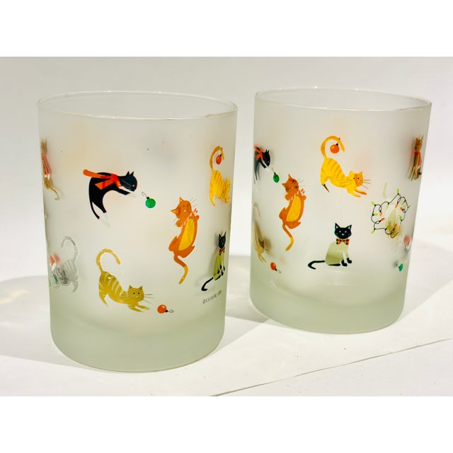 Culver Ltd. Adorable Set of 2 Culver Holiday Kittens Christmas Frosted Lowball Glasses For Sale - Image 4 of 4