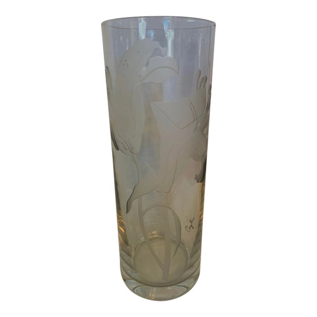 Mid 20th Century Perry Coyle Tall Etched Glass Lily Vase For Sale