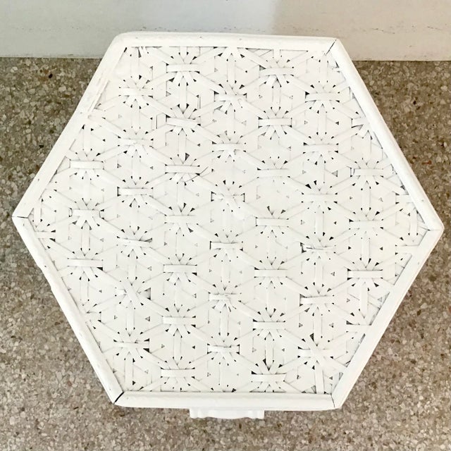 Wood Boho Chic Bamboo Hexagonal Side Table With Storage For Sale - Image 7 of 11