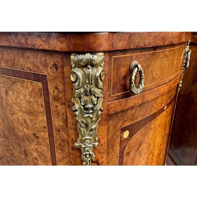 Late 19th Century Antique French Ormolu Marble Top Burl Walnut Bedside Cabinets Locker Nightstands For Sale - Image 5 of 6