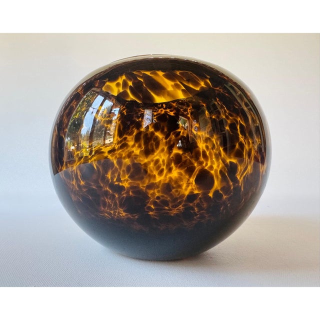 Large Tortoiseshell Art Glass Bowl Sphere Vase Amber Brown Hand Blown Decor For Sale - Image 6 of 9