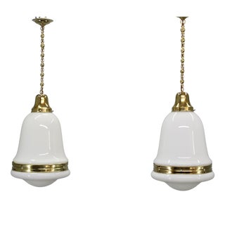 Luzette Pendant Lights in Opaline Glass and Brass by Peter Behrens for Aeg, 1930s, Set of 2 For Sale