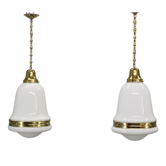 Luzette Pendant Lights in Opaline Glass and Brass by Peter Behrens for Aeg, 1930s, Set of 2 For Sale