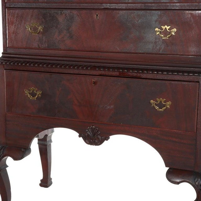 Brown Antique Queen Anne Style Carved Mahogany Bonnet Top High Boy C1900 For Sale - Image 8 of 18