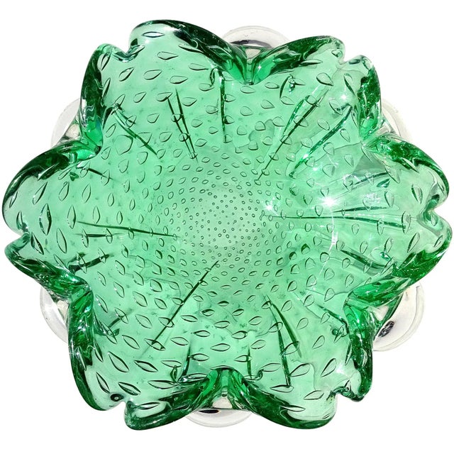 Glass Vintage Murano Green Controlled Bubbles Italian Art Glass Flower Shaped Decorative Ashtray Bowl For Sale - Image 7 of 7