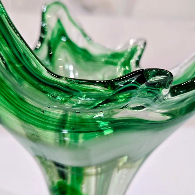 Mid-Century Modern Mid-Century Modern Emerald Swirl Murano Style Handkerchief Vase For Sale - Image 3 of 9