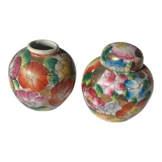 Pair of Small Vintage Asian Floral Vases For Sale