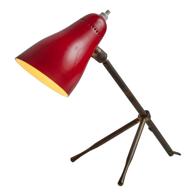 1950s Giuseppe Ostuni 'Ochetta' Red & Brass Wall or Table Lamp for O-Luce For Sale